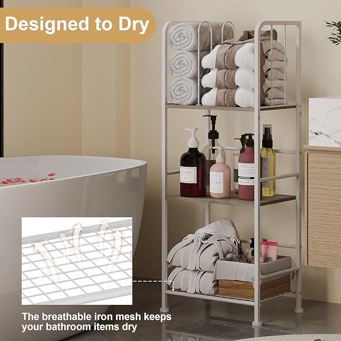 Towel Rack Free Standing 3-Tier M-Shaped Detachable Dividers, Durable Metal Holder, Pool Towel Rack, Space-Saving Towel Storage Organizer, Modern Bath Towel Shelf for Home, Poolside, White
