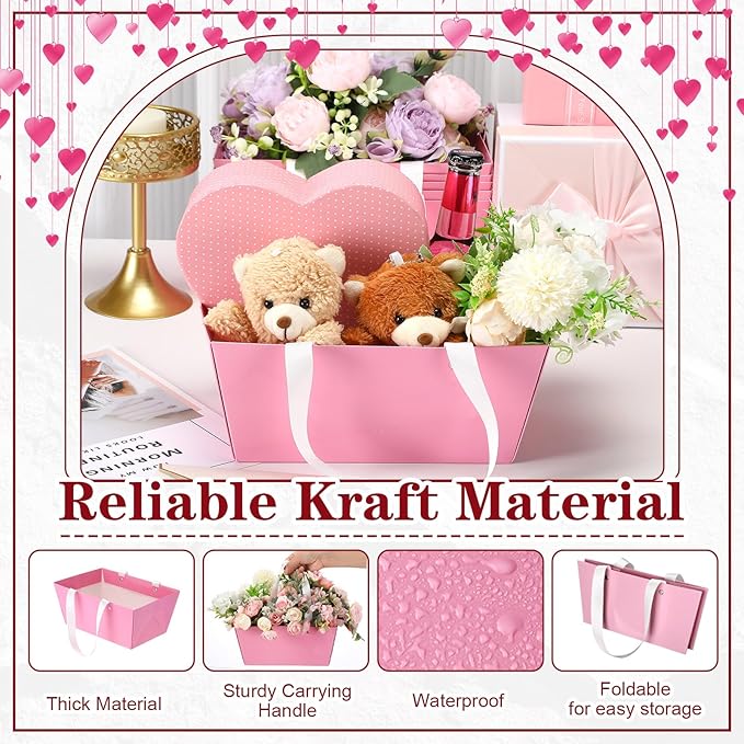 Glenmal 72 Pcs Baskets for Gifts Waterproof Empty Kraft Basket Bulk with Handles 9.8 x 6.5 x 4.3'' Gift Basket Empty to Fill for Wedding Party Christmas Valentines(Pink)