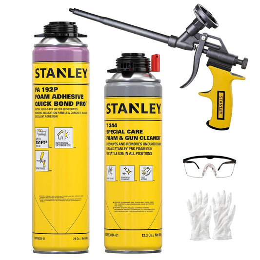 Stanley Quick Bond Adhesive Foam - 1x24oz, Reliable Bond Adhesive for Various Materials, Strong bonding, No Mixing, Gun Use, Including Gun, Cleaner | 1 Pack