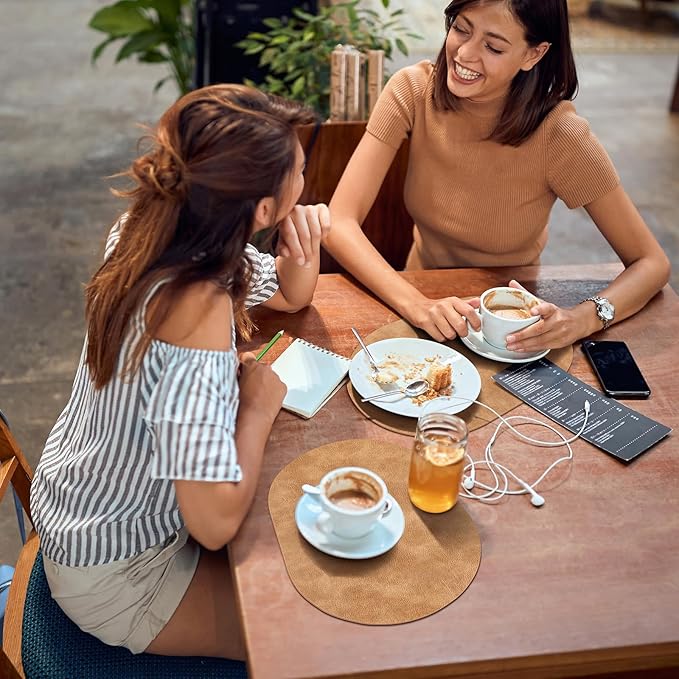 ADRIMER Placemats, Heat Resistant Oval Placemats Set of 6 Washable 12 x 17 Inch, Waterproof Table Mats, Wipeable Pu Place Mats for Kitchen, Dining Room, Light Brown