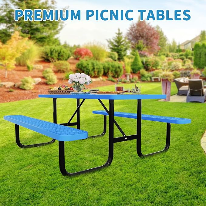 6FT Rectangular Metal Picnic Table for Outdoors, Commercial Steel Metal Picnic Tables, Heavy Duty Sturdy Picnic Tables Furniture Set for Patio Garden Courtyard BBQ, with Umbrella Hole, Blue