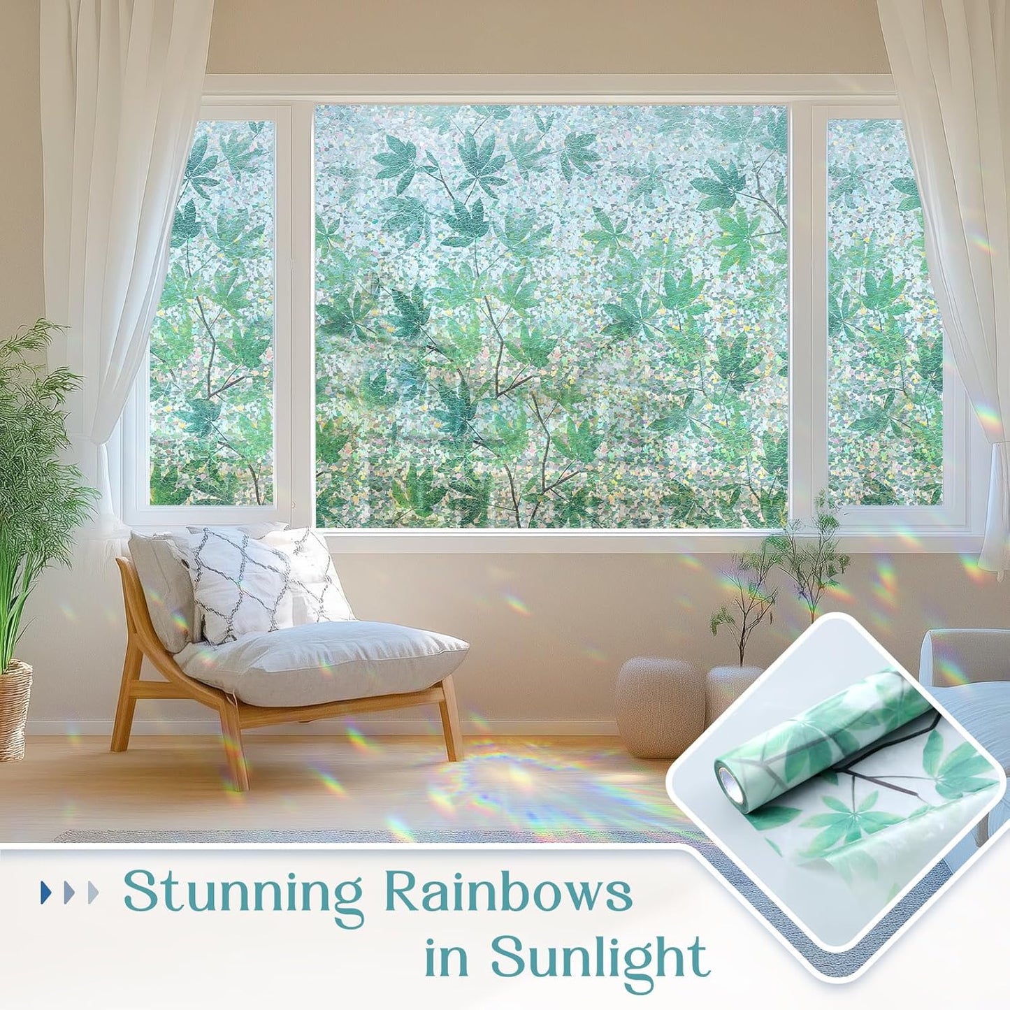 Haton Window Privacy Film, Decorative Stained Glass Window Clings, 3D UV Sun Blocking Sticker, Removable Static Cling Heat Control Tint for Home Door, Leaf Rainbow, 35.4" x 78.7" Non-Adhesive