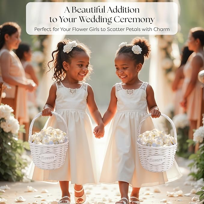 Flower Girl Basket (Set of 2) | Handcrafted Natural Wicker Flower Baskets for Flower Girl - Premium Wedding Basket with Water Resistant Liner - Perfect for Weddings, Parties & Home Décor