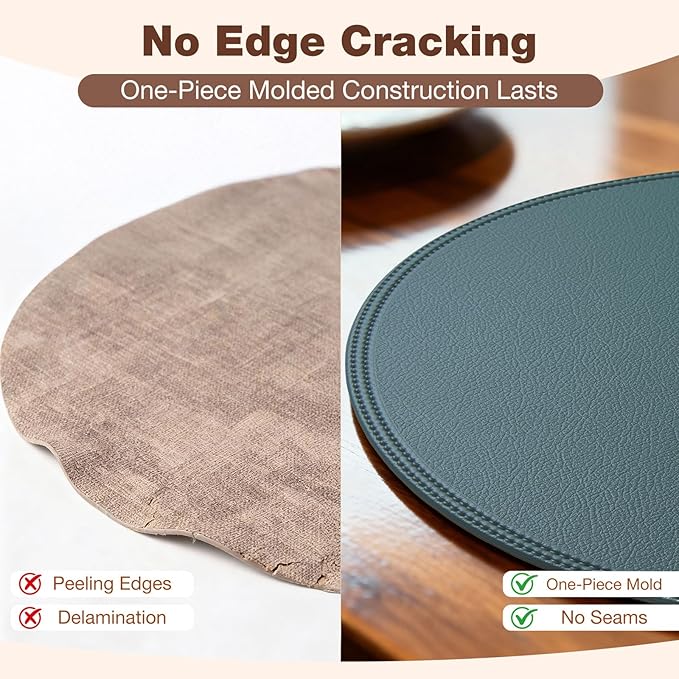 Round Vinyl Blue Placemats Set of 6, Faux Leather Waterproof Wipeable Heat Resistant Place Mats, Washable Table Mats for Halloween, Thanksgiving & Christmas Dinner(Light Blue)