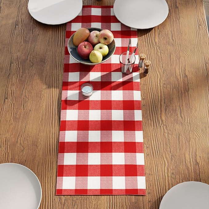 Encasa XO Cotton Dining Table Runner | Buffalo Red Checks | Size 13x36 in - Machine Washable & Durable