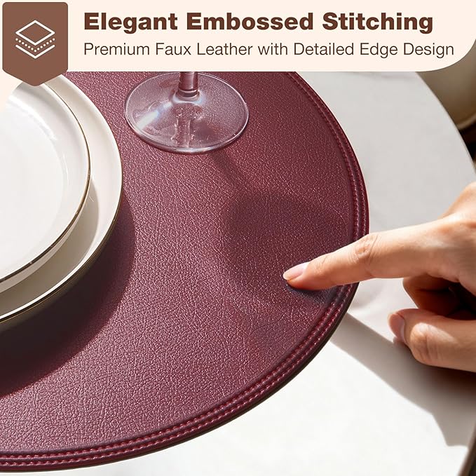 Round Vinyl Burgundy Placemats Set of 6, Faux Leather Waterproof Wipeable Heat Resistant Place Mats, Washable Table Mats for Halloween, Thanksgiving & Christmas Dinner(Burgundy)