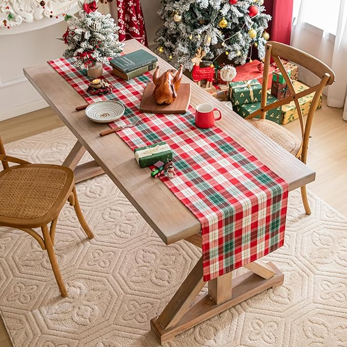 Red Gold Plaid Christmas Table Runner, Winter Holiday Table Runners 72 inches Long Xmas Decorations Indoor Outdoor Farmhouse Home Kitchen Dining Party Decor