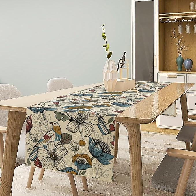 Boho Flower Birds Table Runner,Vintage Floral Aesthetic Art Table Decoration for Kitchen Dining Table Holiday Indoor Outdoor Home Party Decor 13x60in