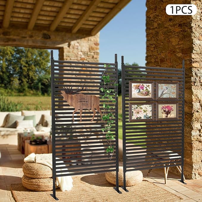 Outdoor Privacy Screens Freestanding, 43" W x 71" H Metal Slatted Decorative Screen and Panels with Stand, Brown Backyard Privacy Panels for Garden Patio
