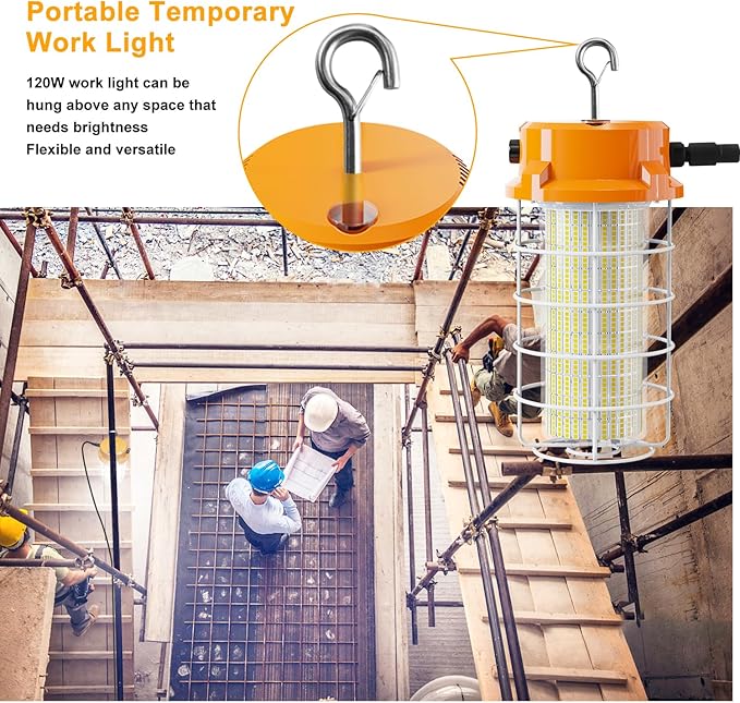 120W LED Temporary Work Light 18000LM Construction Lights 5000K Led Work Light IP67 Dust Waterproof Portable Lights with Stainless Steel Guard Hook for Factory Mine Wharf Job Site Garage Temp Lighting