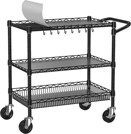 Heavy Duty Rolling Cart with Wheels, 3 Tier Commercial Grade Utility Cart, Metal Kitchen Storage Trolley with Handle Bar & Shelf Liner for Food Service Tool, Black