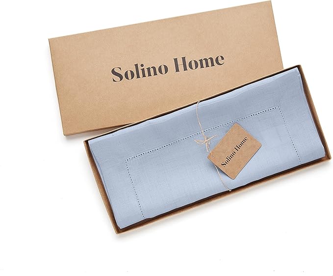Solino Home Sky Blue Table Runner 90 Inches Long - 100% Pure Linen Hemstitch 14 x 90 Inch Table Runner for Dining, Spring, Easter - Classic Hemstitch