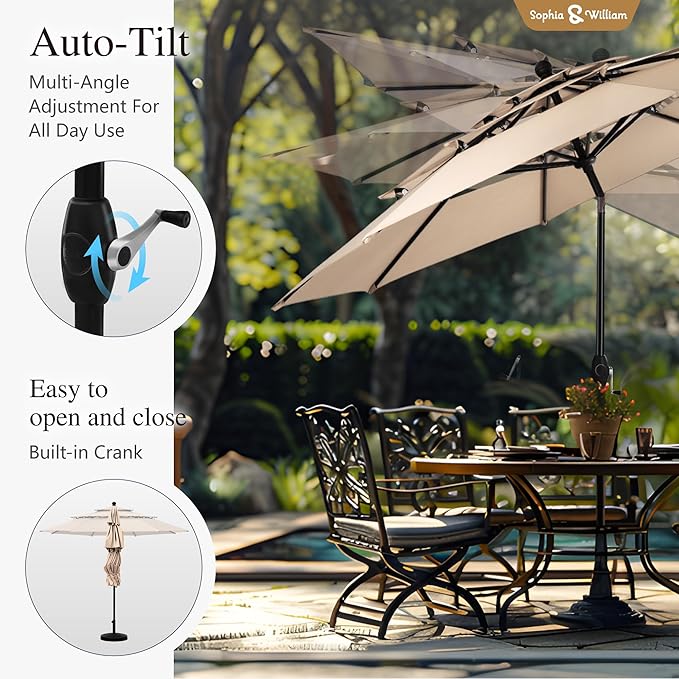 Sophia & William Metal Outdoor Patio Dining Set 6 PCS with 10ft 3 Tier Auto-tilt Umbrella(Beige), 4 x Metal Outdoor Chairs, 1 x Square 37"x 37" Dining Table and 1 Patio Umbrella