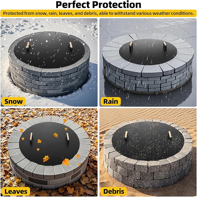G GOOD GAIN Firepit Lid Round 34inch - Rust Resistant Fire Pit Lid Cover with Wooden Handle & Gloves, Fire Pit Snuffer Lid for Courtyards, Patio, Winter Cold Protection. Fits Fire Pits Up to 32‘’