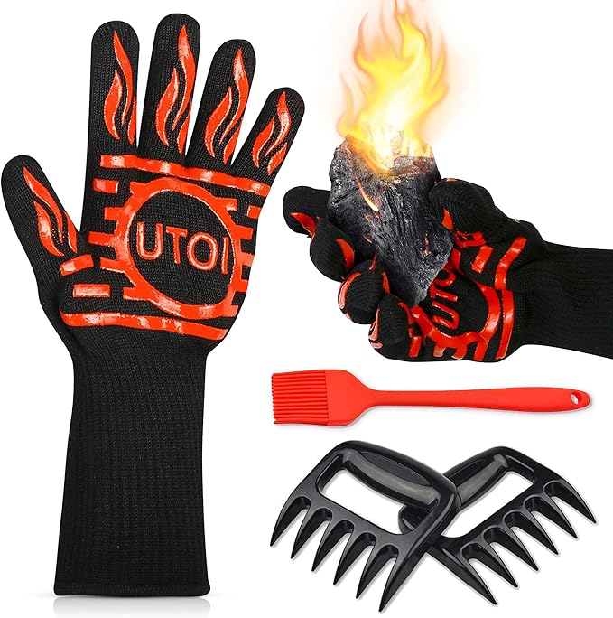 BBQ Grill Gloves Kit, 1472°F Heat Resistant BBQ Gloves/Long Non-Slip Oven Mitts, Meat Shredder Claws & Silicone Basting Brush for Grilling, Smoker, Baking, Barbecue, Kitchen & Outdoor Cooking