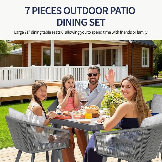 7 Pieces Patio Dining Set for 6 - All Weather Outdoor Dining Sets, All in One Outdoor Table and Chairs, Wicker Outdoor Patio Furniture Sets with Cushions and Pillows, Grey
