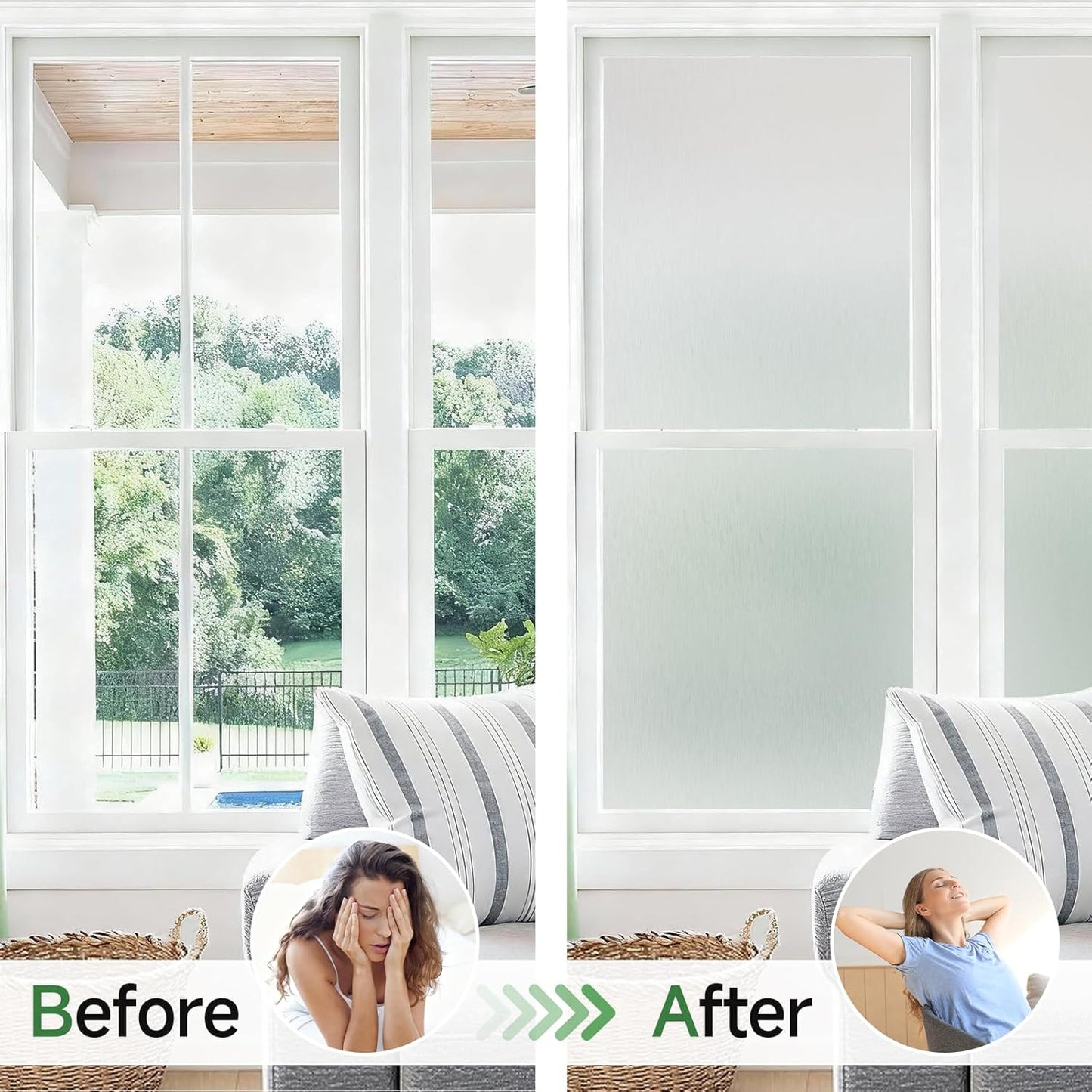 Borsky Frosted Glass Window Film - Static Cling, 96% UV Blocking Non-Adhesive Privacy Window Film, Removable Window Cling with Day & Night Privacy for Bathroom Home Office, 17.5 x 393.7 Inches, Pure