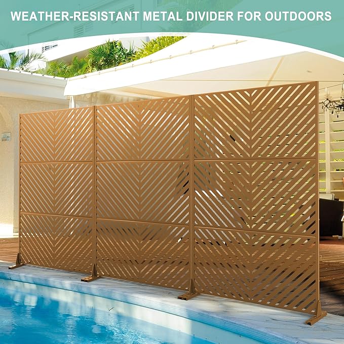 Metal Privacy Screen for Outdoor & Indoor Use, Free Standing Privacy Screen for Patio Garden Pool, 72" H x 47" W Decoative Privacy Panels, Weather Resistant, Easy Assembly (Rust Parallel Line)