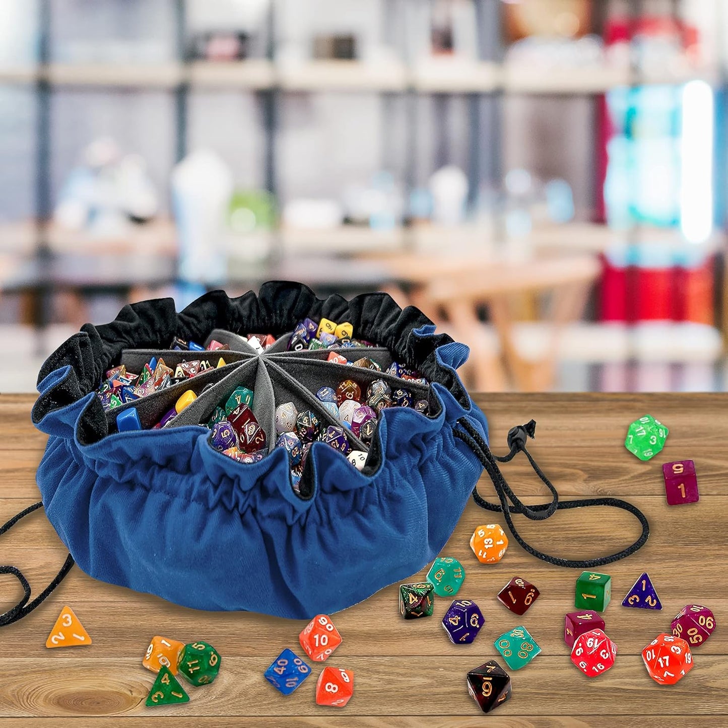 SIQUK Large Dice Bag with Pockets Big Capacity Dice Bag Drawstring Dice Pouch DND Dice Storage Bag for RPG MTG Table Games, Hold Over 300 Dice, Dark Blue