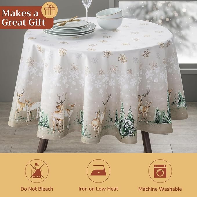 Maison d' Hermine Table Cloth Round Table 100% Cotton 63 Inches Fall Tablecloth Reusable Everyday Use for Thanksgiving Christmas Decorations Dining Farmhouse Party (Deer in The Woods)