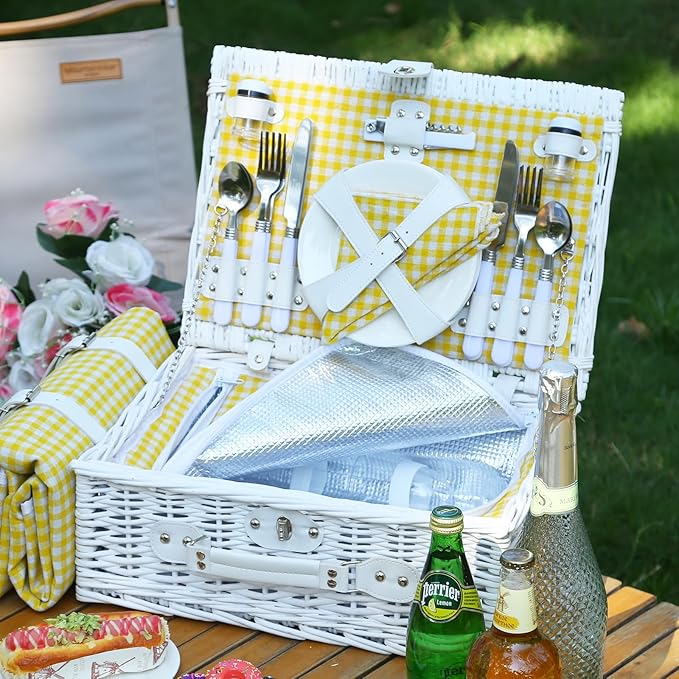 Neti Neti Wicker Picnic Basket for 4 with Insulated Cooler & Waterproof Blanket – Large Willow Picnic Hamper for Outdoor, Camping, Beach, Romantic Dates, Valentine’s Day