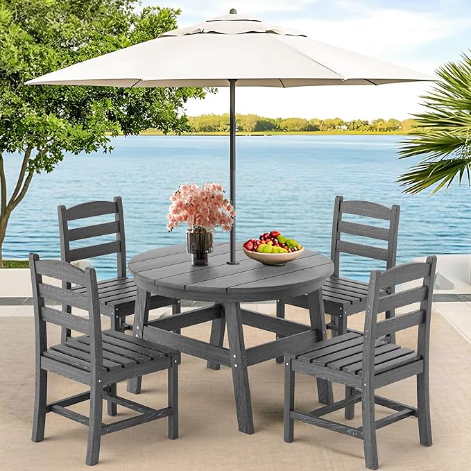 5 Piece Round Outdoor Dining Set, Relaxing HDPE Outdoor Table and Chairs with 105° Ergonomic Backrest, All-Weather Patio Table and Chairs Set with Umbrella Hole for Porch, Poolside, Gray