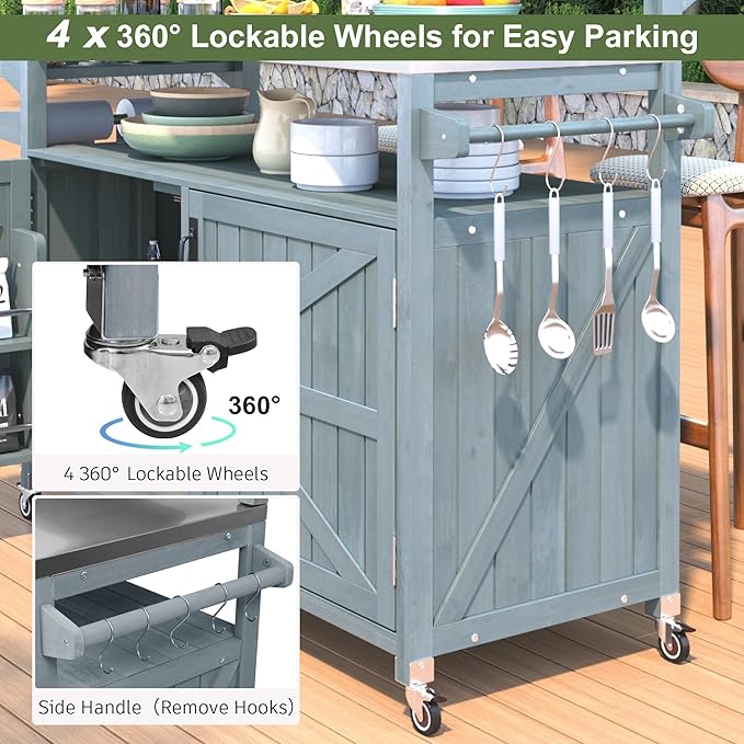 53.3" Outdoor Kitchen Island with Stainless Steel Top, Rolling Grill Cart with Adjustable Shelves, Raised Shelf, Lockable Wheels, Portable Outdoor Table and Bar Storage Cabinet for Patio