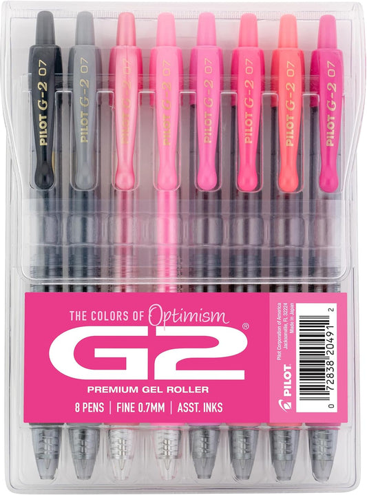 Pilot G2 Premium Gel Roller Pens, Fine Point Gel Pens, Boost Pink Pack, The Colors of Optimism, 8-Pack Pouch, 0.7 mm, Assorted - Ideal for School, Journaling, & Office Writing