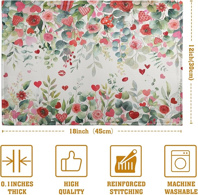 Valentines Eucalyptus Leave Placemats Set of 4, 12x18 Inch Valentine Heart Rose Floral Table Mats Spring Summer Washable Heat Resistance Place Mats for Kitchen Dining Indoor Decor