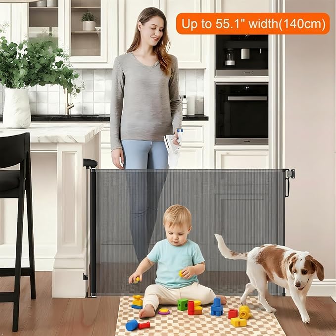 Retractable Safety gate, pet/Dog/cat Temporary Door, Baby Safety Temporary Door,for Doorways and Stairs,Expands to 55.1" Wide,One-Hand Operation,Easy Installation(Black 33.5"x55.1")