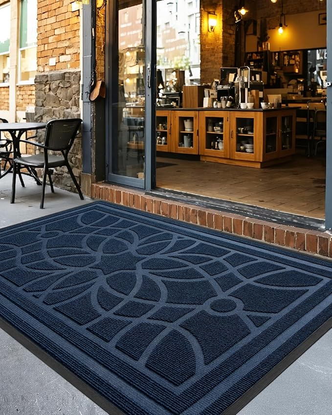 DEXI Front Door Mat Outside Entrance, Heavy Duty Non Slip Low Profile Doormat for Entryway, Trap Dirt and Moisture Welcome Mats, Easy Clean, Patio, Garage, 6x4, Blue