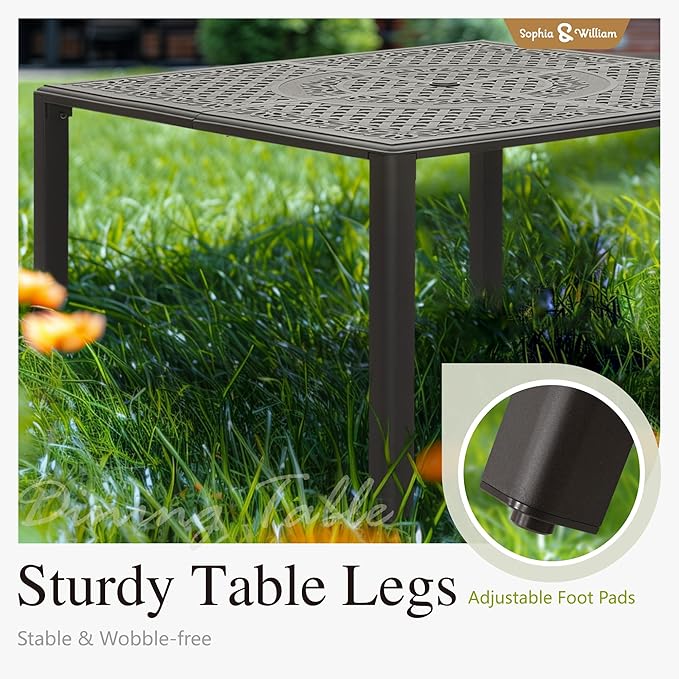 Sophia & William Outdoor Dining Table 4-Person Square Cast Aluminium, Patio Bistro Table with 2.2" Umbrella Hole for Porch Backyard, Bronze