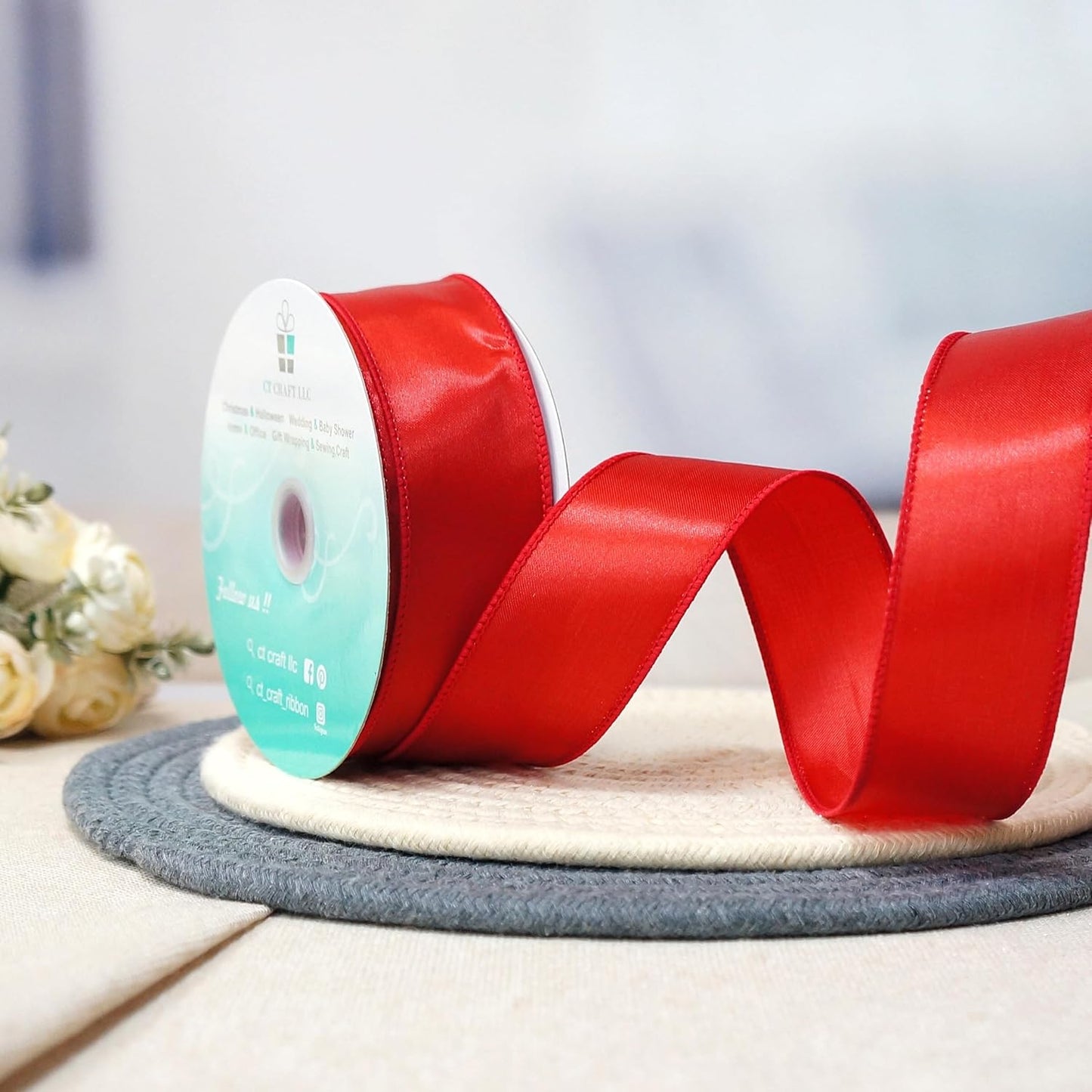 CT CRAFT LLC Satin Wired Ribbon 1.5 Inch x 20 Yards Red for Christmas Home Décor Gift Wrapping Tree Topper Bow Wreath DIY Crafts,