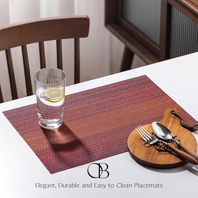 Placemats Set of 8 - Easy Clean Woven Vinyl Placemats for Dining Table, Indoor/Outdoor Place Mats, Washable PVC Table Mats（Pomegranate Parade）