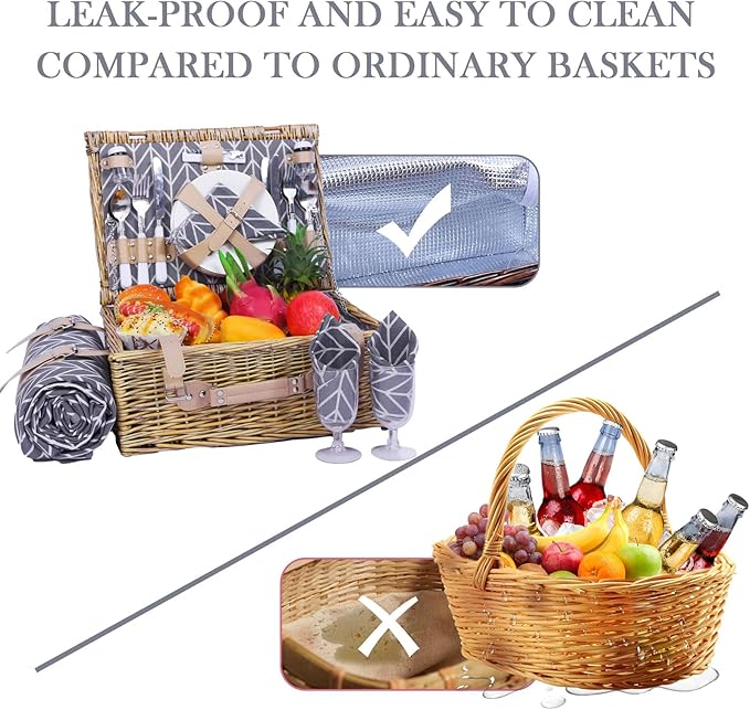 Neti Neti Wicker Picnic Basket for 4 with Insulated Cooler & Waterproof Blanket – Large Willow Picnic Hamper for Outdoor, Camping, Beach, Romantic Dates, Valentine’s Day