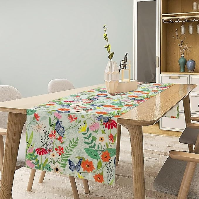 Butterfly Table Runner, Colorful Wildflower Butterfly Spring Table Runner for Holiday Kitchen Dining Home Party Outdoor 13x36in