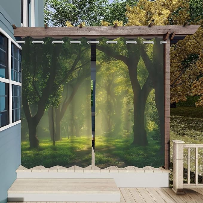 Forest Theme Waterproof Indoor/Outdoor Curtains,Dawn Trees Jungle Pattern,Privacy Curtains for Porch Pergola Arbor Lanai Pool House Outside Deck,2 Panel,W42 x L63,Green