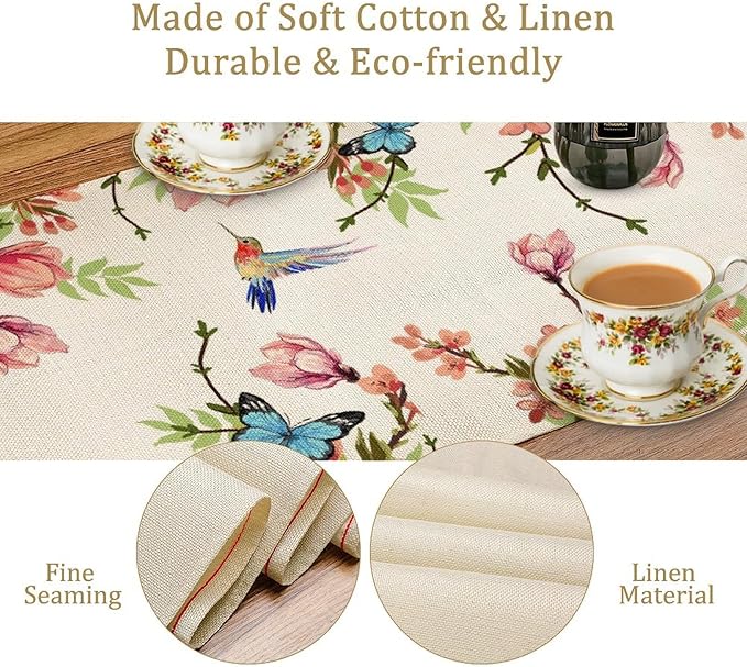 Spring Flower Table Runner, Seasonal Rustic Garden Flowers Bird Butterfly Print Table Runner for Home Kitchen Table Decor, 13x108inch