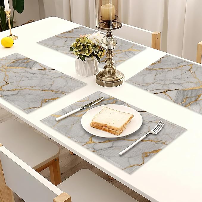 Placemats Set of 6,White Gold Marble Linen Table Mats Abstract Heat Resistant Place Mats Washable Dining Table Mats for Indoor Outdoor Kitchen Decor Easy Clean 12 x 18 Inch