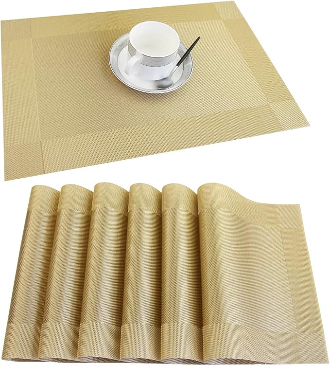 Placemats Vinyl Twill Weave Heat-Resistant Table Mats Washable Kitchen Placemats for Dinig Table Set of 6 (Gold)