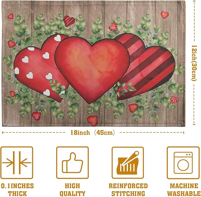 Valentines Day Wooden Plank Placemats Set of 4, 12x18 Inch Valentine Eucalyptus Leaves Heart Dining Table Placemats Wedding Washable Heat Resistance Place Mats for Party Kitchen Dining Decor