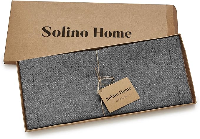 Solino Home Linen Table Runner 132 Inches Long - Athena, 100% Pure Linen Charcoal Grey 14 x 132 Inch Table Runner for Dining, Winter