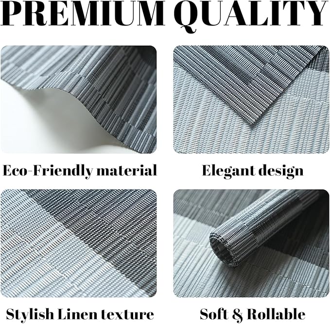 Placemats Set of 6 Vinyl/Plastic Woven Place Mats for Kitchen Table Indoor/Outdoor Washable Placemat Wipeable Dining Table Mats (Ombre Silver Grey Black,6)