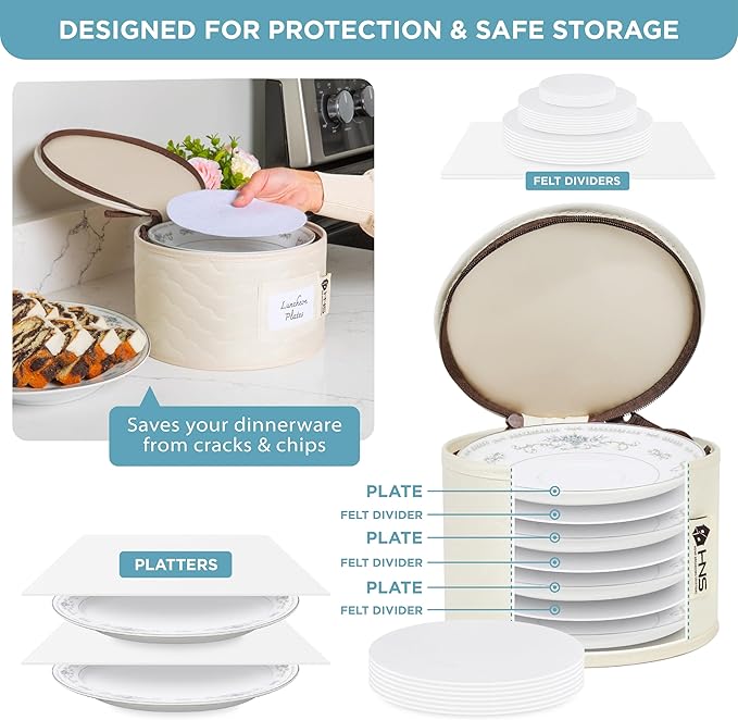 China Storage Hard Shell Containers 12-Piece Set Moving Boxes for Dinnerware, Glasses, Plates, Mugs and Saucers Sturdy Dish Organizer with Dividers for Seasonal Storage - Service for 12 -Beige Quilted