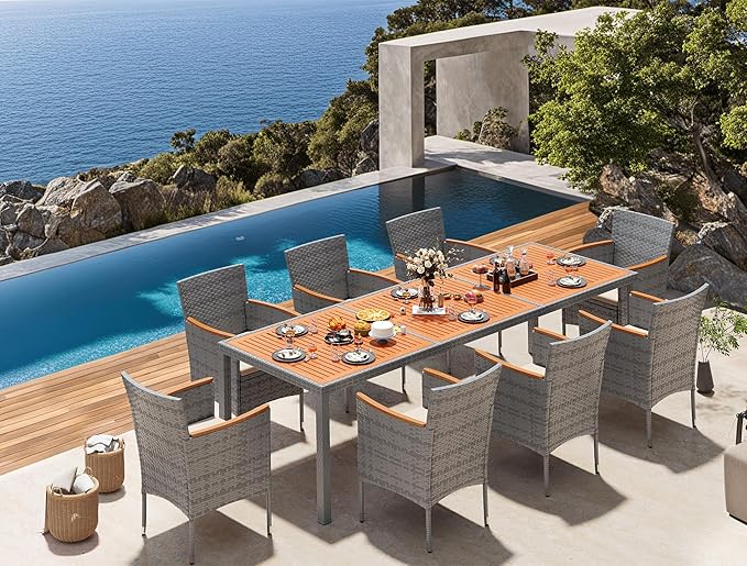 Devoko Outdoor Patio Dining Sets 9 Pieces Wicker Outdoor Dining Table and Chairs Set with Acacia Wood Table Top and Widened Armrests for Backyard, Garden, Deck (Grey)