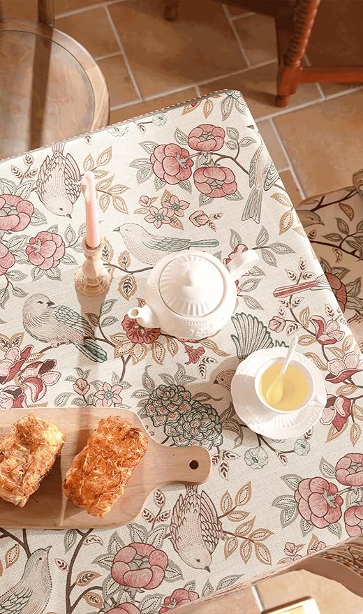 patdrea Designer Pink Linen Table Cloth for Rectangle Table,Vintage Floral with Birds Pattern Decorative Tablcloth,French Table Cover for Kitchen Dining,Thanksgiving,Christmas,63"x94"-Kulom a