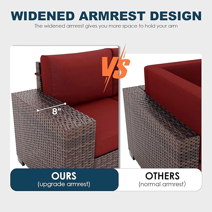7 Piece Patio Furniture Set with Fire Pit Table, Outdoor Conversation Sets Wicker Rattan Sectional Sofa with Coffee Table, 4'' Thickened Cushion Wine Red (Include Waterproof Cover)