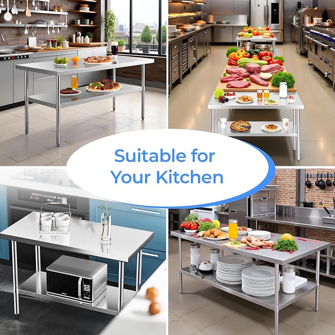 NUUK Stainless Steel Worktable 24" x 48" Kitchen Food Prep Grill Work Table Heavy Duty Commercial Workstation Adjustable Height for Restaurant, Home and Hotel