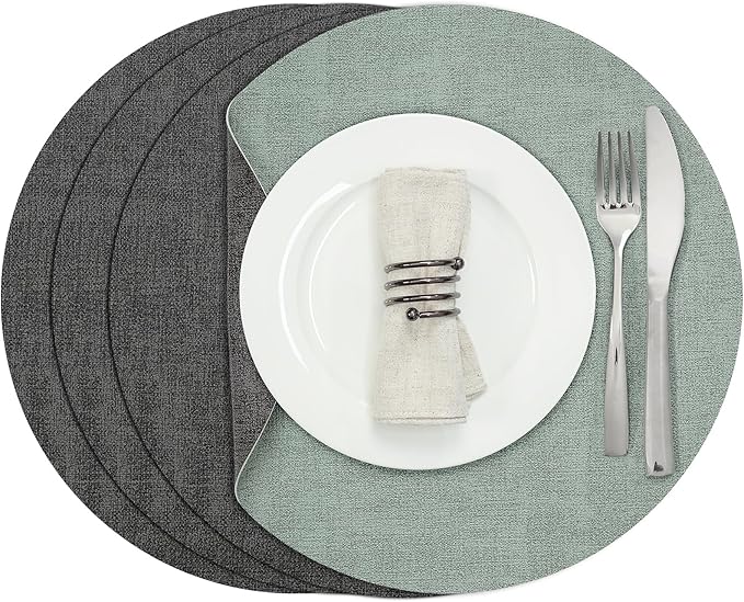 Myir JUN Round Placemats Dual Sided, Faux Leather Place Mats Set of 4 Indoor for Dining Table Outdoor Non-Slip Washable Table Mats (Set of 4, Gray Sage Green)