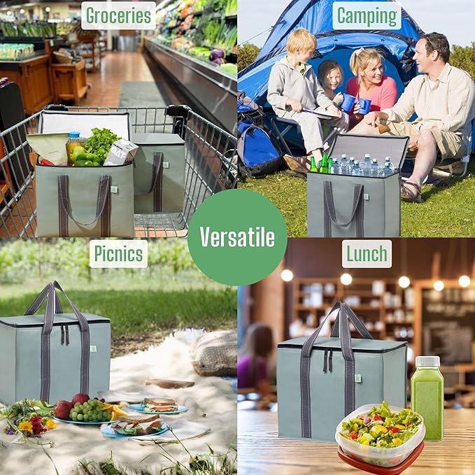 VENO 2 Pack Cooler Bag and Insulated Grocery Bags for Food Delivery, Collapsible Cooler. Reusable Shopping Bags for Groceries with Hard Bottom, Zippered, Foldable, Heavy-Duty (Light Green, 2 Pack)